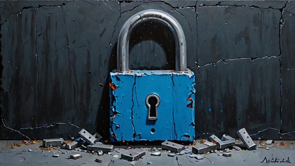 A heavy iron padlock shattered into pieces by a bolt of digital electricity.
