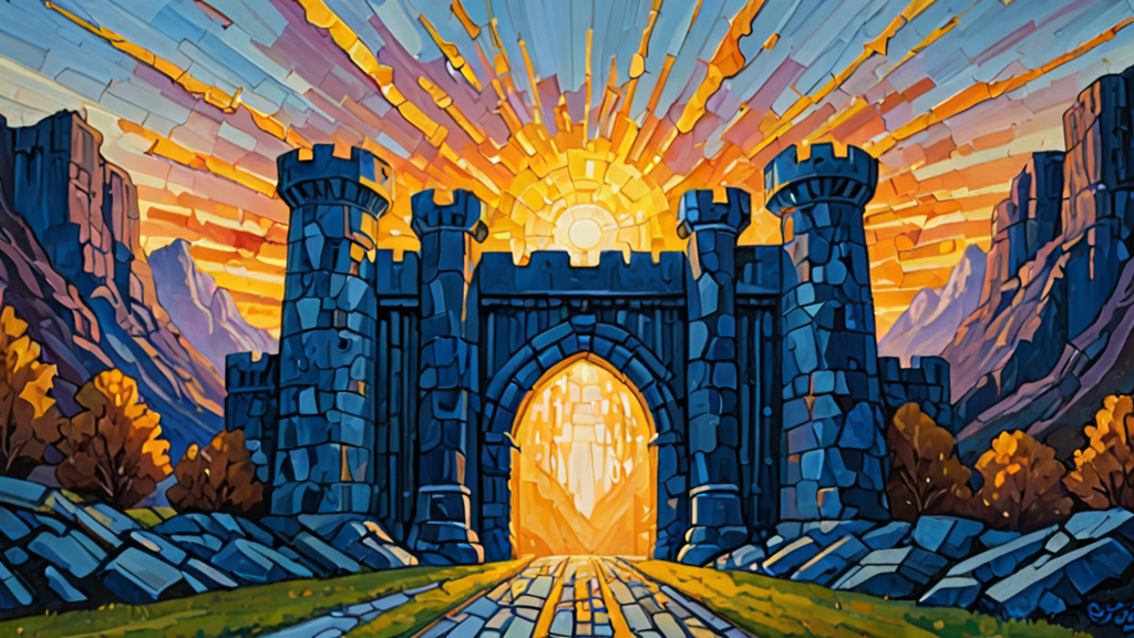 A massive stone fortress gate swinging open to reveal a vast, interconnected digital landscape.