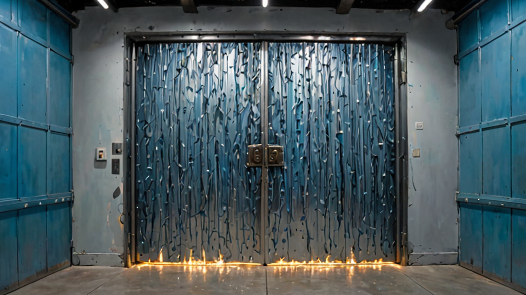 A heavy steel door closing on a glowing digital network, symbolizing the end of open AI access.