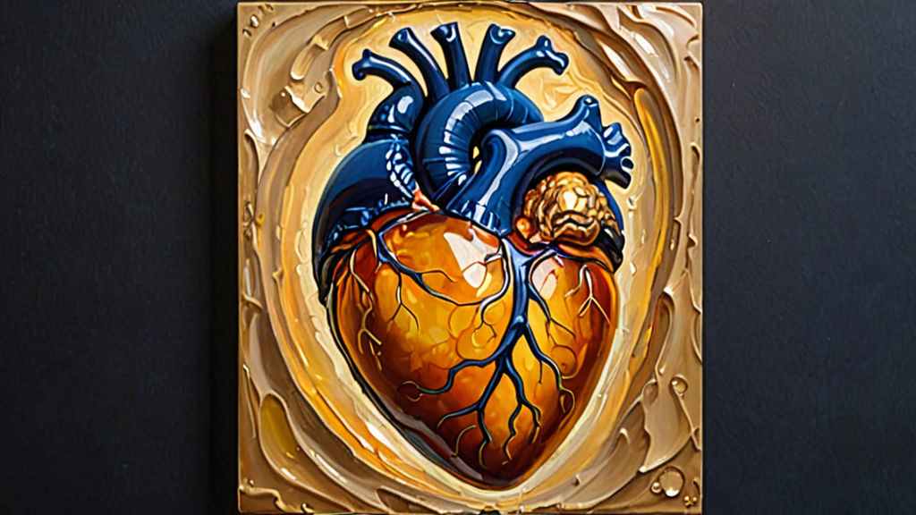 A glowing, translucent human heart surrounded by a shimmering golden aura of predictive data points.