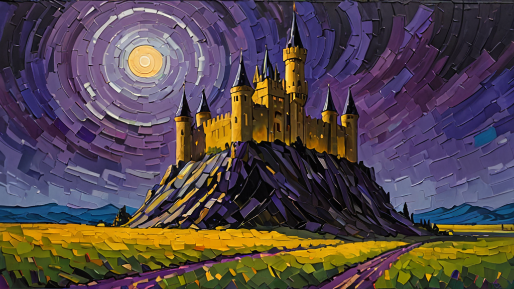 A massive stone castle tower constructed from glowing computer server racks under a dark sky.
