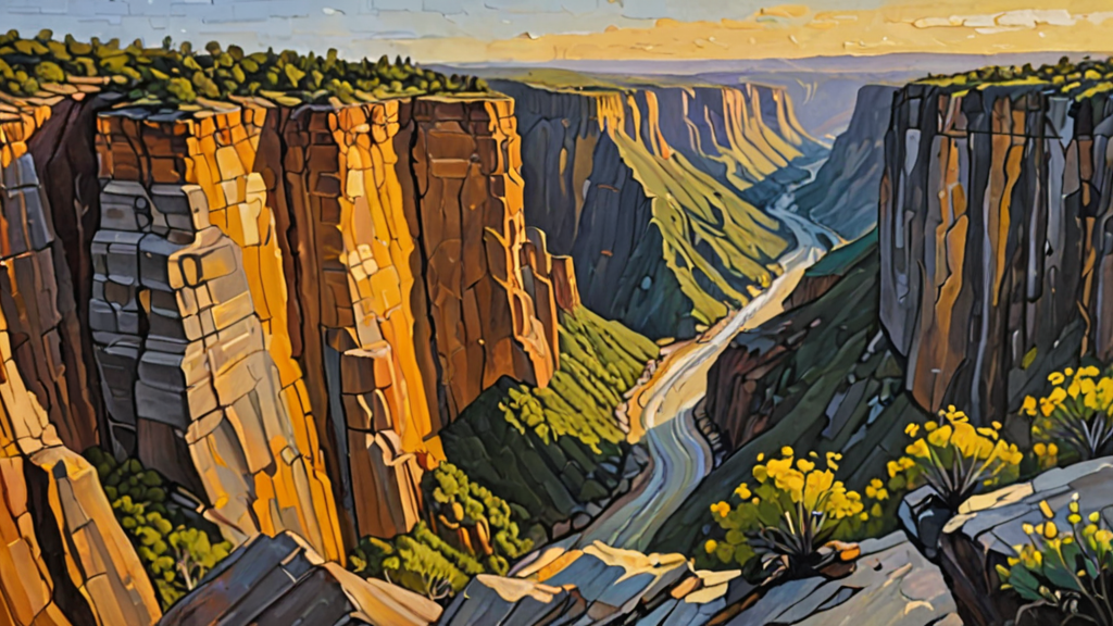 A deep, wide canyon splitting a landscape, with one side lush and golden and the other barren and grey.
