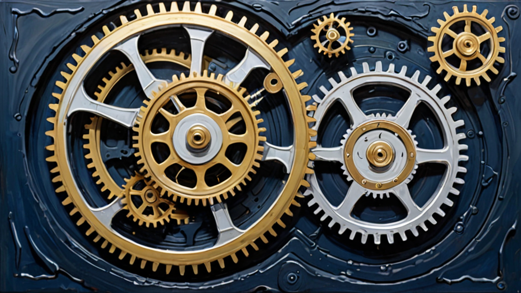 A complex mechanical clockwork mechanism adjusting a translucent digital canvas.