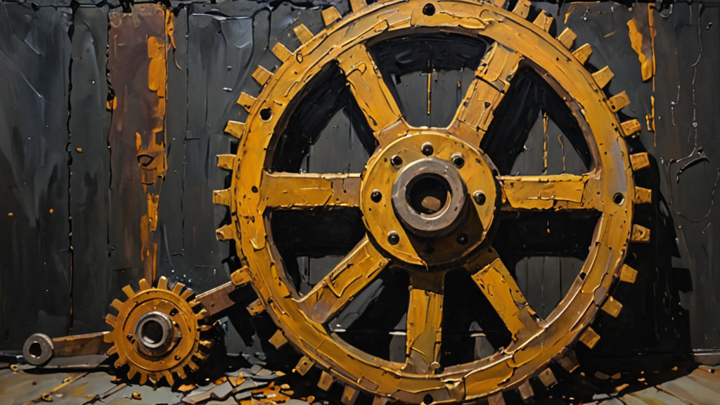 A small, glowing golden gear driving a massive, heavy iron machine in a dim industrial hall.