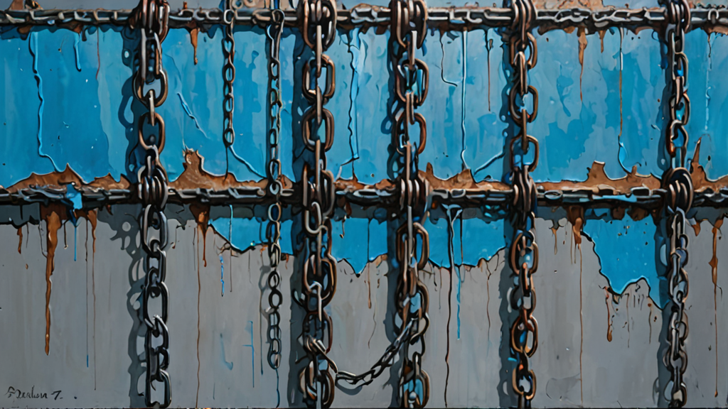 A heavy iron chain binding a glowing digital circuit board to a concrete military bunker.