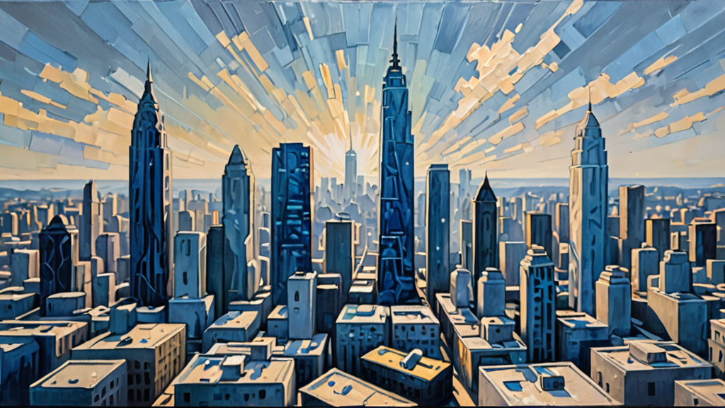 A detailed 3D holographic map of a city merging into a physical concrete landscape.