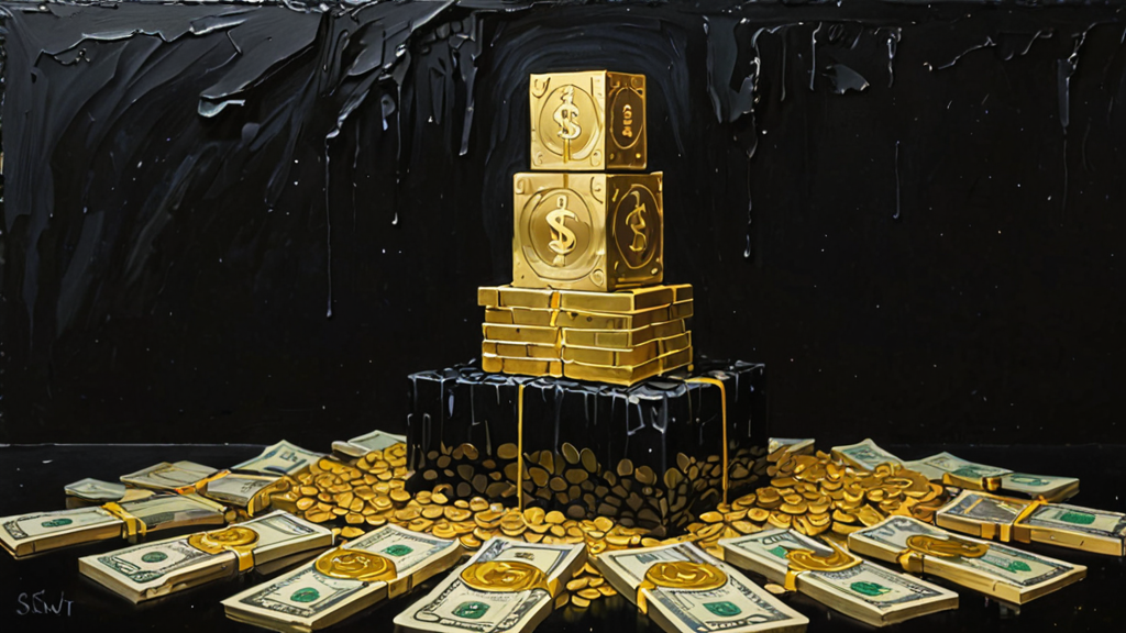 A massive golden scale balancing a glowing microchip against a stack of falling currency notes.