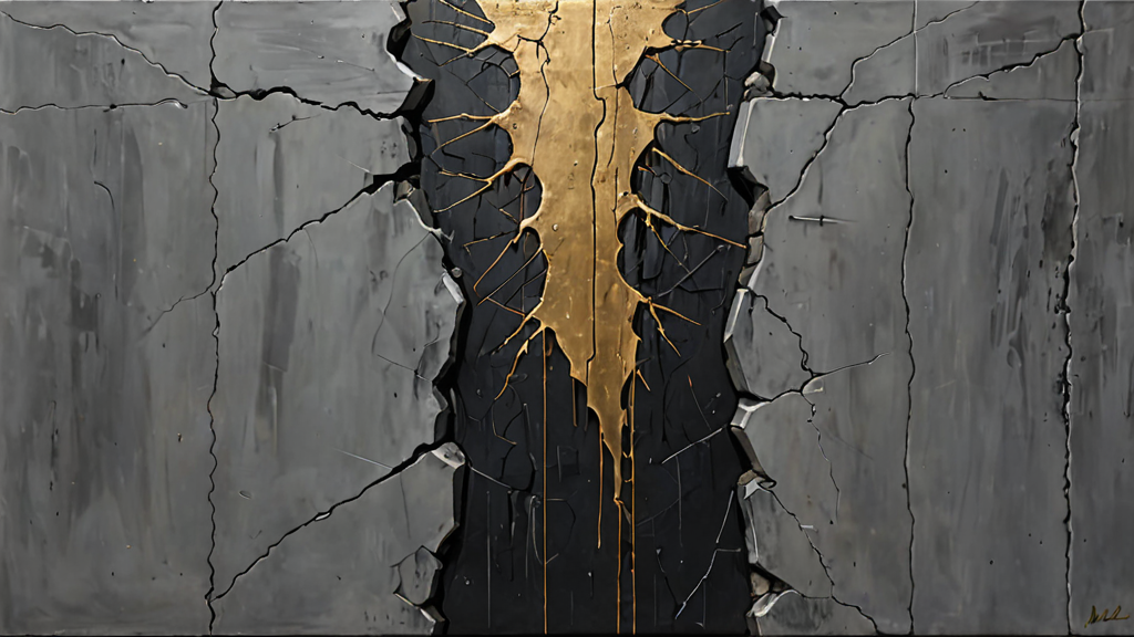 A massive stone wall with a wide crack through which a glowing digital circuit board emerges.