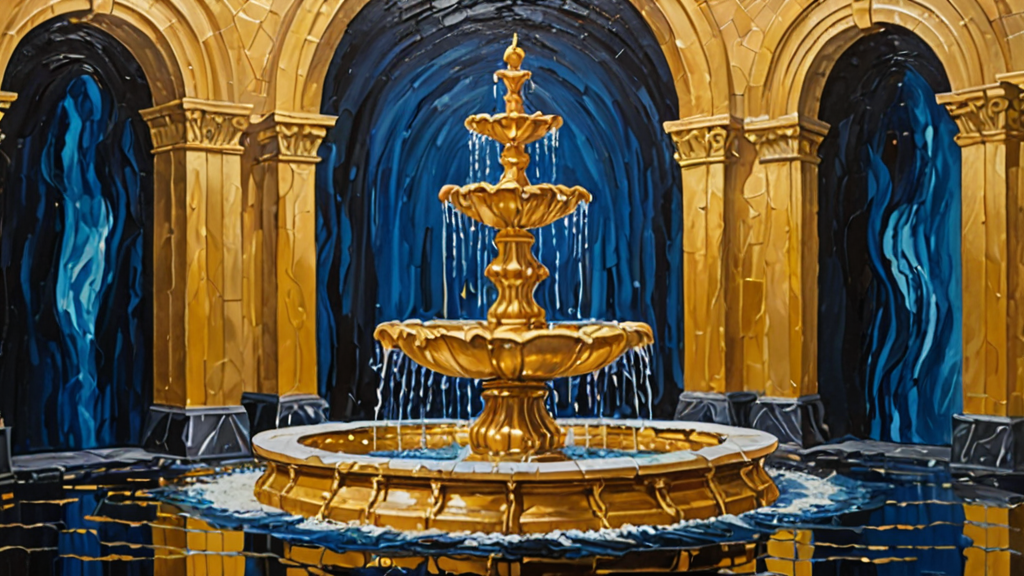 A golden fountain where water flows in a perfect, closed loop back into its own basin.