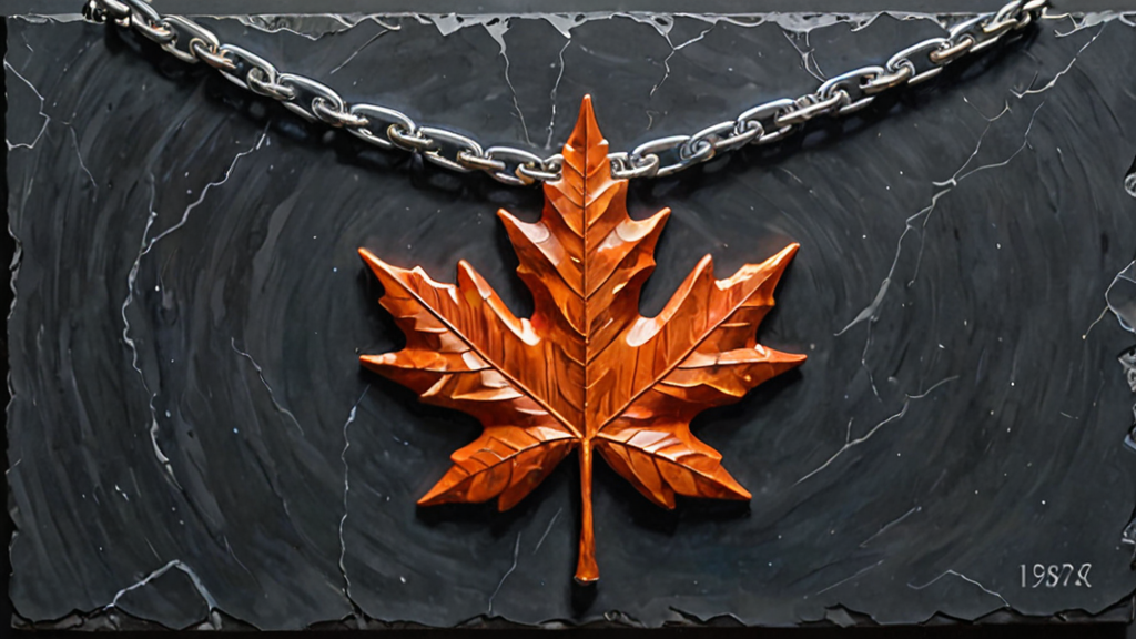 A heavy iron chain linking a maple leaf and a European star, symbolizing a strategic technology alliance.