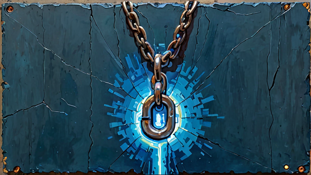 A heavy iron chain locking a digital circuit board to a stone foundation.