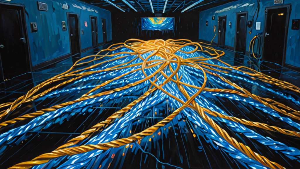 A complex network of glowing fiber-optic cables splitting from one source into multiple directions.