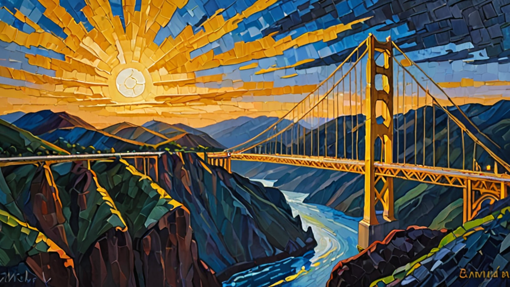 A massive golden bridge stretching across a deep canyon toward a distant, glowing city.