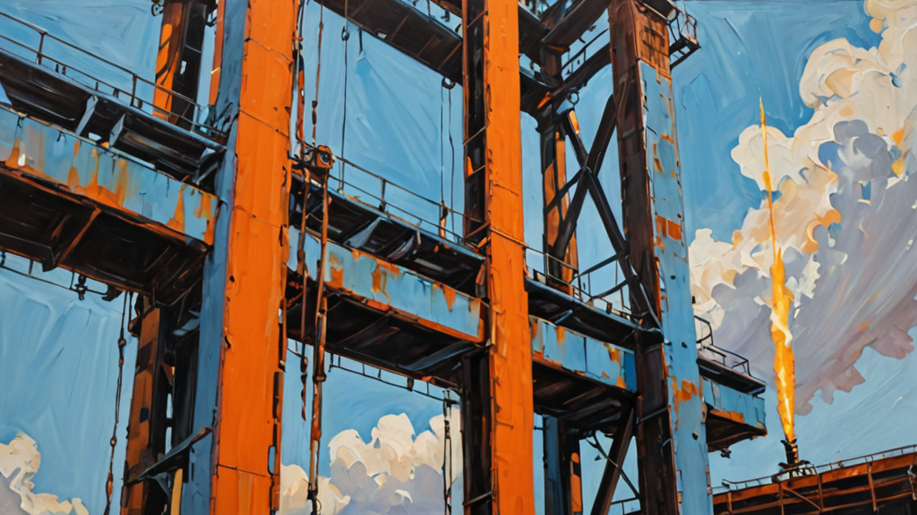 A massive steel beam being bolted into a futuristic building frame, symbolizing the shift from raw materials to construction.