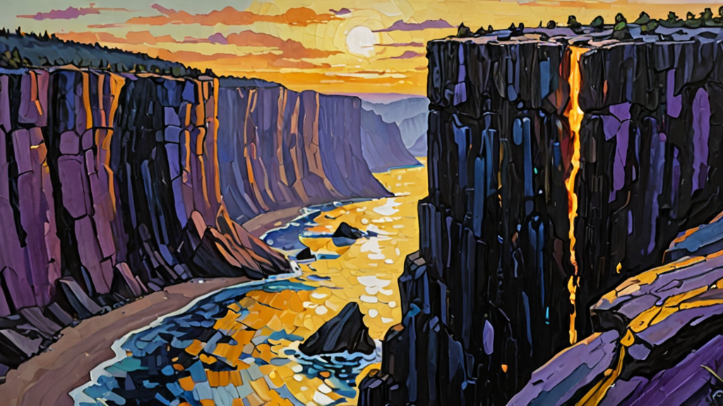 A wide canyon separating a simple, glowing mechanical gear from a massive, locked obsidian monolith.