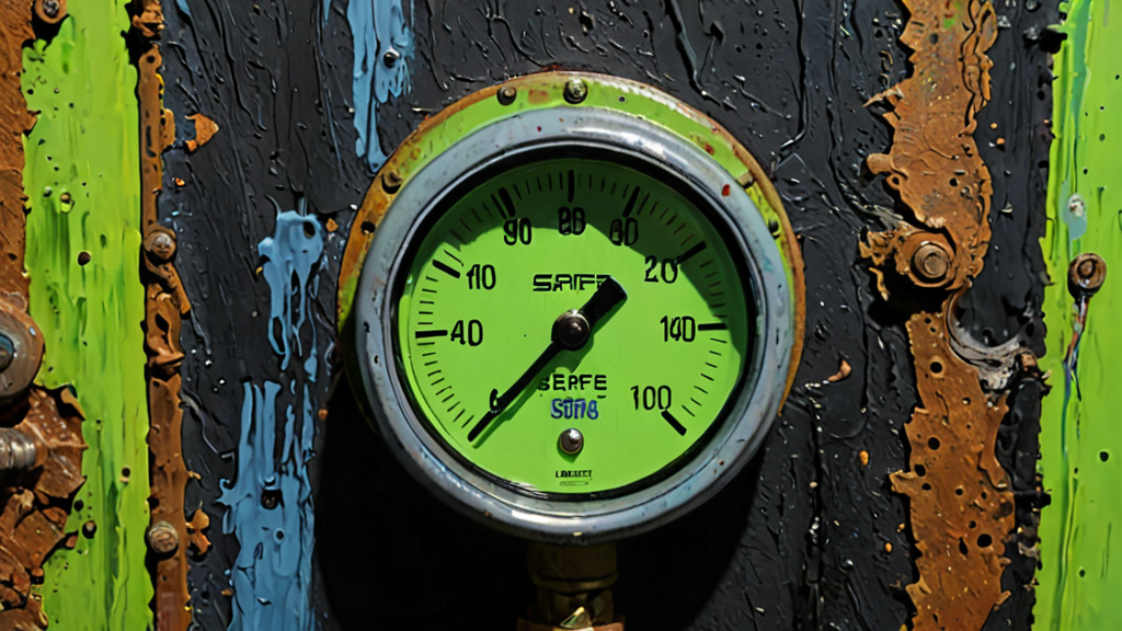 A glowing green gauge on a rusted, decaying industrial pipe leaking dark fluid.