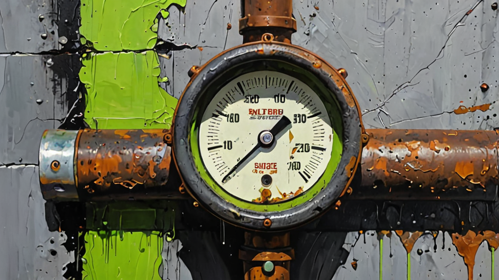 A rusted mechanical pressure gauge with a needle pointing to green while the pipe it measures is leaking black sludge.