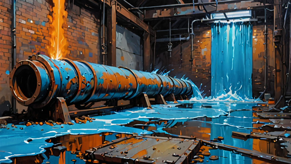 A rusted metal pipe overflowing with glowing neon liquid that pools at a narrow constriction.
