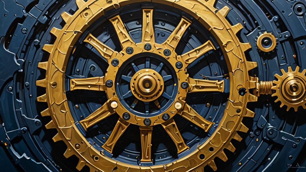 A complex mechanical gear system merging into a single, seamless golden engine.