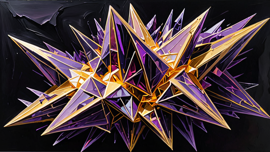A complex geometric crystal structure fracturing into digital shards to represent the tension between proof and breach.