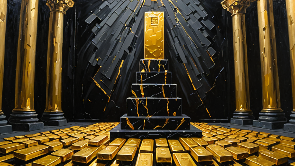 A massive golden scale balancing a glowing microchip against a stack of gold bars.