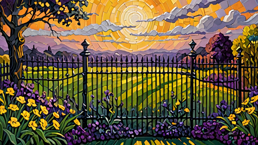 A heavy iron fence cutting through a digital landscape, separating a structured grid from a chaotic swirl of data.
