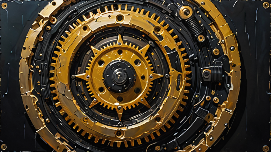 A golden mechanical gear with a visible crack, resting on a bed of digital circuitry.