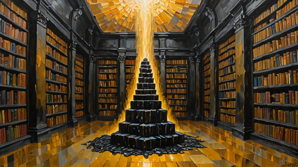 A massive stone library where the books are dissolving into glowing digital streams flowing into a single black monolith.