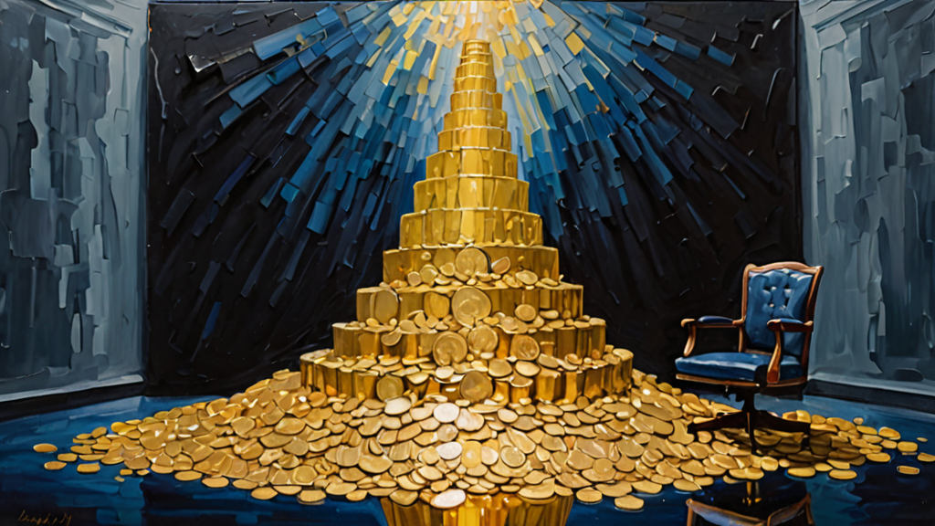 A golden scale balancing a heavy stack of currency against a fading, ghostly image of a corporate office.