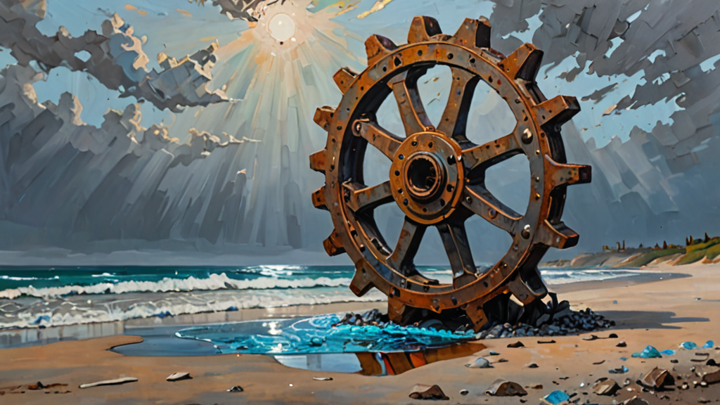 A rusted mechanical gear being slowly replaced by a translucent, glowing digital projection of a gear.