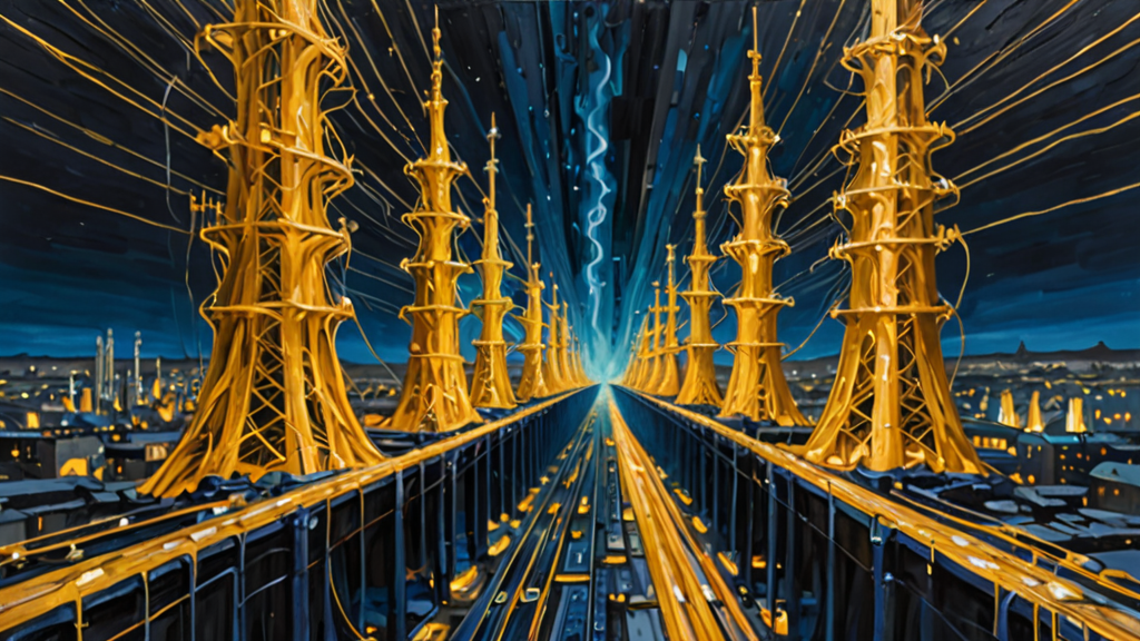 A massive, glowing fiber-optic cable network resembling a digital root system powering a futuristic city.