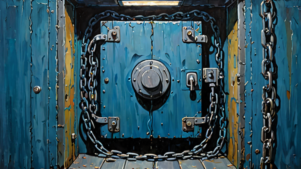 A heavy iron chain linking several glowing circuit boards to a military bunker door.