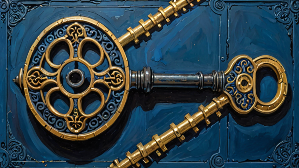 A heavy iron key resting on a blueprint of a complex digital neural network.