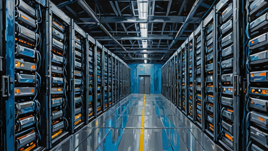 A massive industrial supercomputer facility with glowing server racks and heavy power turbines.