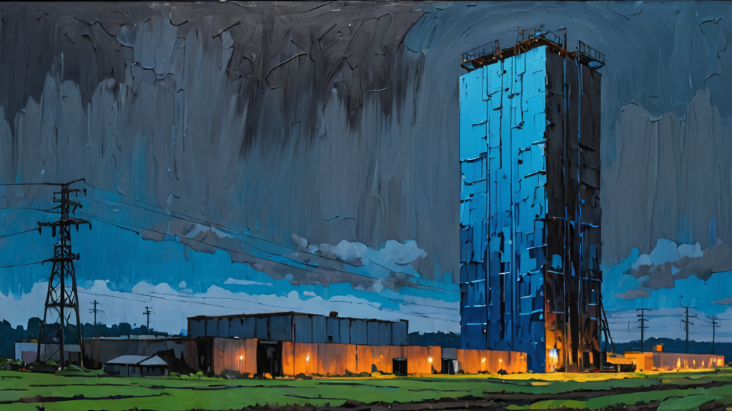 A massive, glowing digital monolith towering over a landscape of small, greyed-out traditional factories.