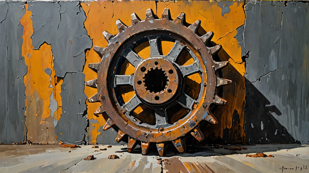 A heavy iron gear with a missing tooth, symbolizing a gap in the European regulatory machinery.