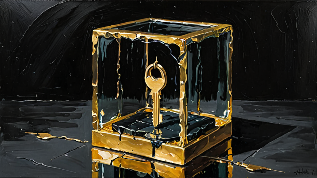 A single golden key trapped inside a cracked glass cube, symbolizing fragile AI safety layers.