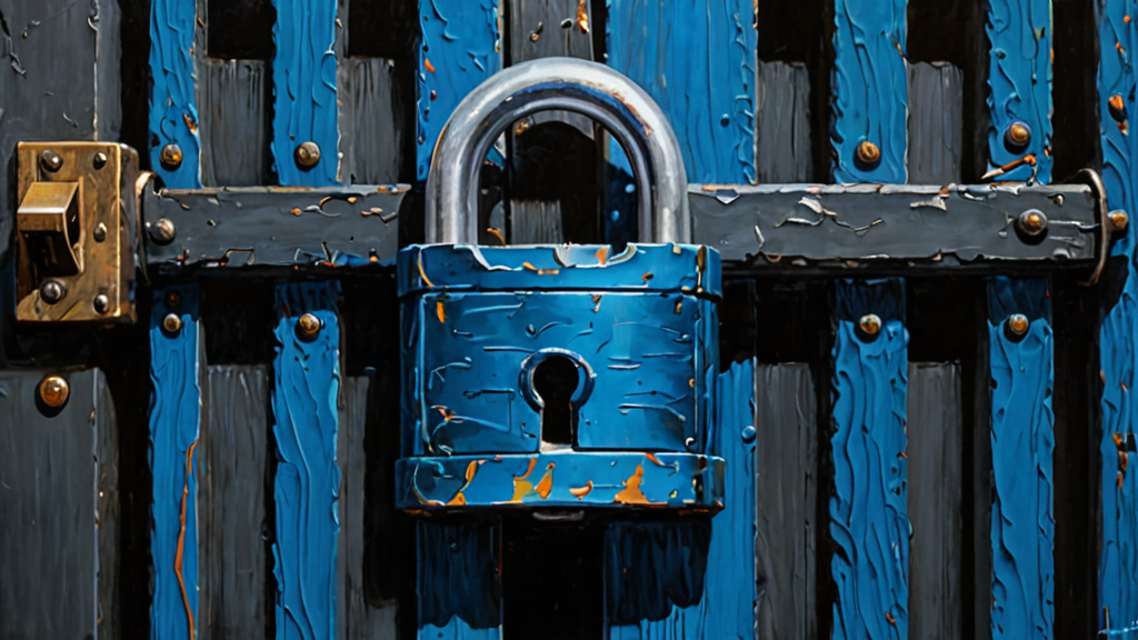 A heavy iron padlock on a digital gate with a glowing, ghostly key passing through the metal.