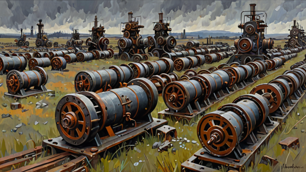 A vast field of half-finished, rusted clockwork machines under a heavy, grey sky.