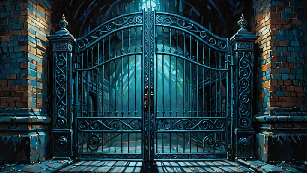 A massive, ornate iron gate standing alone in a void, with glowing digital circuits replacing the lock.