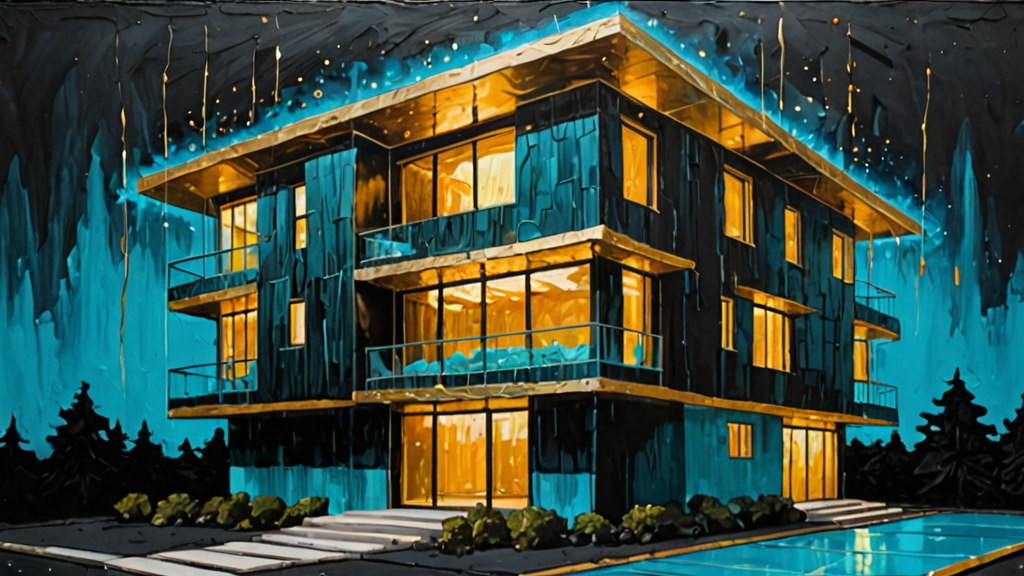 A complex architectural blueprint of a house being constructed by invisible forces, blending technical lines with ethereal light.