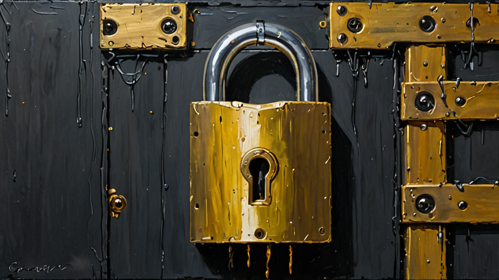 A heavy iron padlock securing a glowing digital circuit board, symbolizing the restriction of AI access.