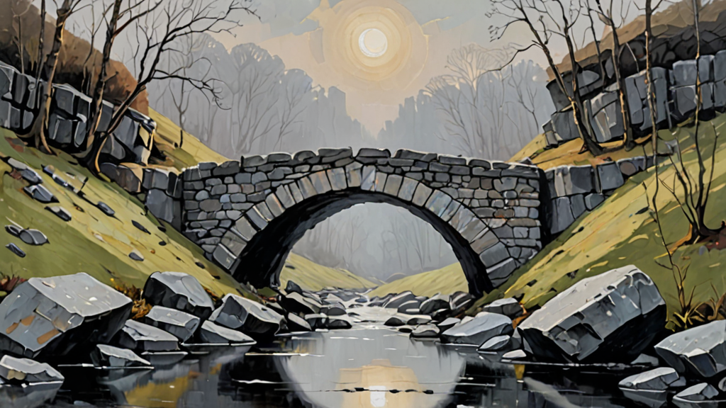 A crumbling stone bridge with a missing center span over a deep void, symbolizing a break in the chain of trust.