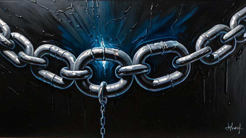 A heavy iron chain with one link transformed into a glowing, fragile glass segment about to shatter.