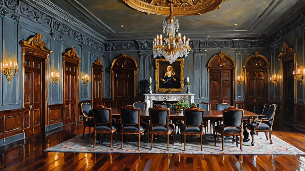 A massive ornate diplomatic table where a few modern metallic chairs outweigh the traditional wooden ones.