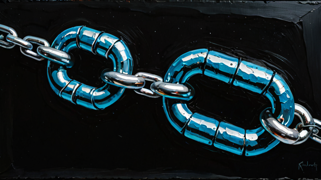 A heavy iron chain with one link replaced by a fragile, glowing glass replica.