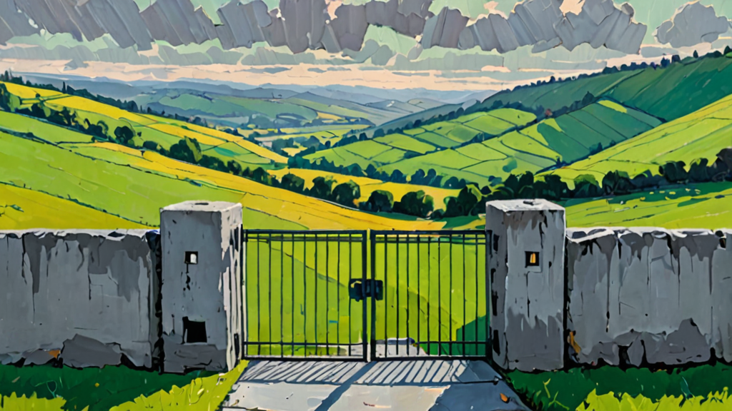 A heavy stone wall blocking a digital gateway, with a small open gate leading to a wild, open landscape.