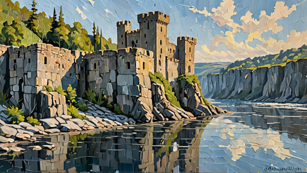 A wide, shallow river flowing between two shores, with a crumbling stone wall failing to hold back the water.