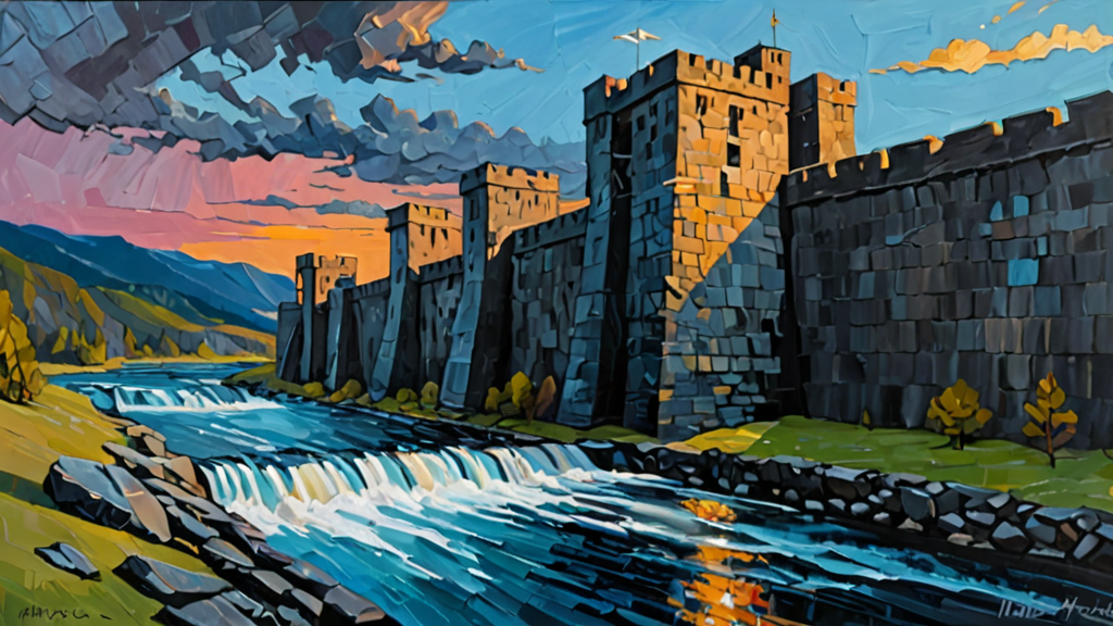 A stone fortress wall being simultaneously reinforced with steel beams and eroded by a rushing river.