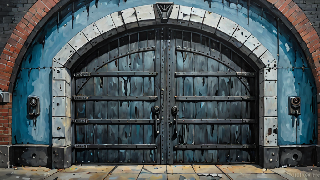 A heavy steel vault door with a fragile glass lock mechanism, illuminated by cold blue light.